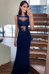 Navy Blue Lace Appliques Mermaid Evening Dress Sleeveless